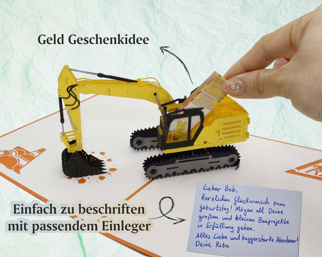 gelber bagger mit geldschein 